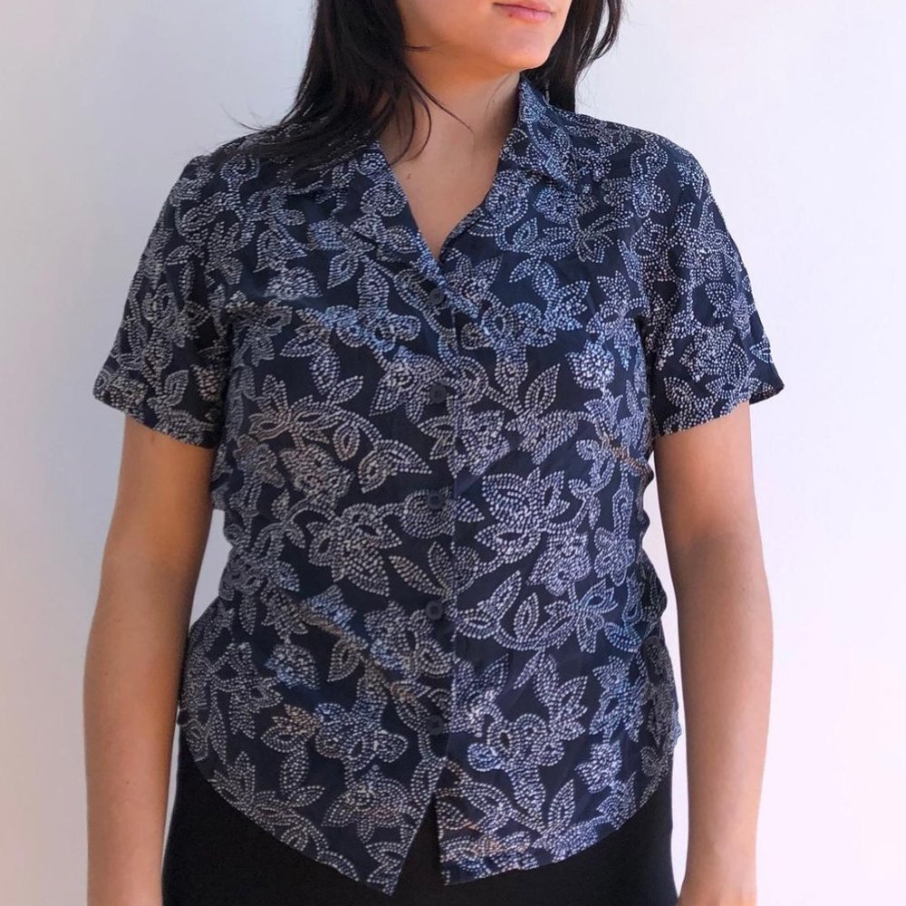 Vintage Halston Silk Blouse, Dark Blue Button-Down, Size 10